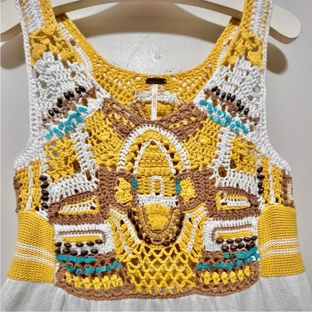FREE PEOPLE Congo Crochet Mini Sweater Dress Tunic Tank Vest - Medium